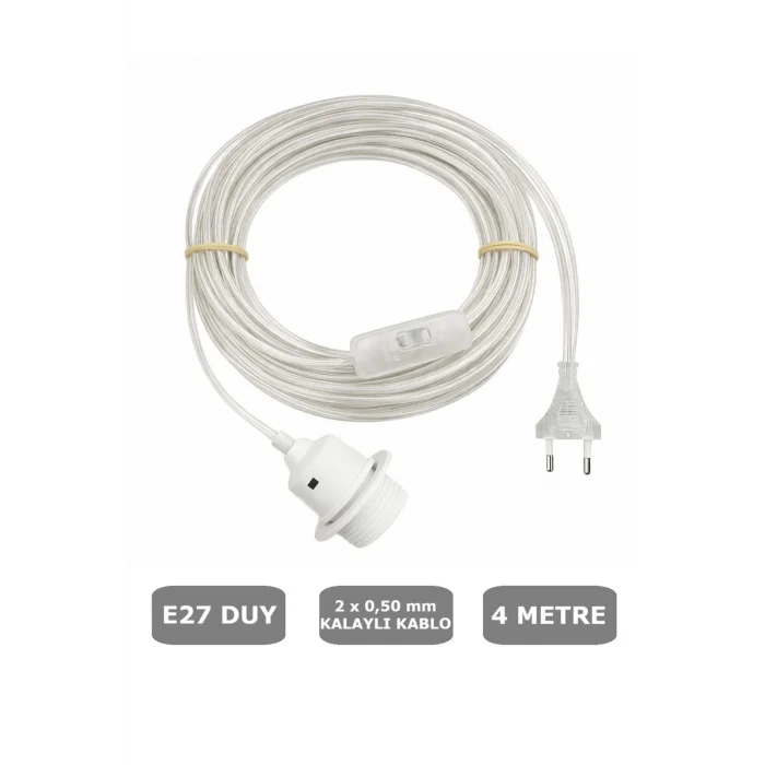 E27 Beyaz Duylu, 4 Metre Arapuarlı (Aç Kapat Anahtar) (2X0,50) (ŞEFFAF KABLO) 65W