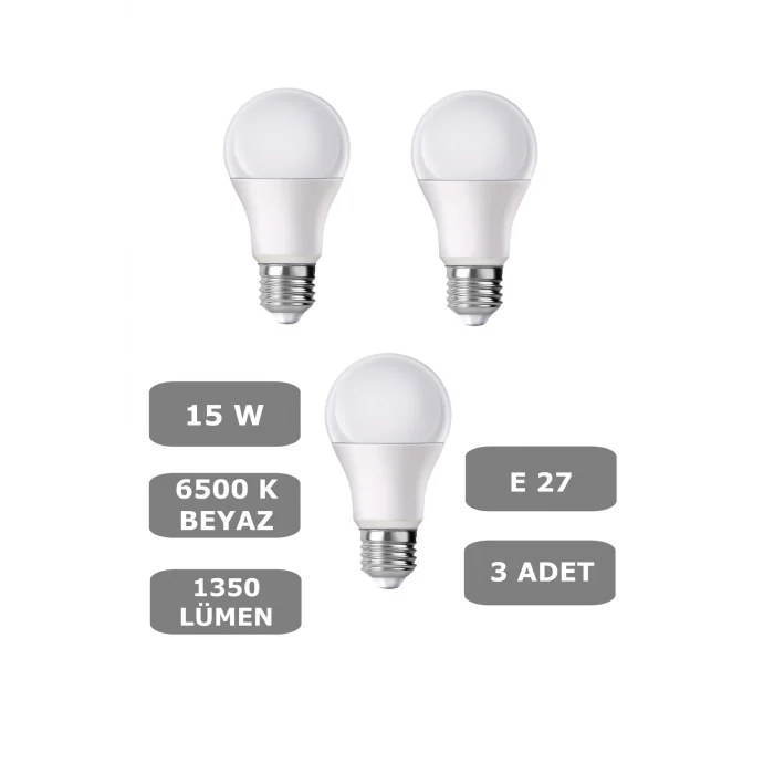 15W E27 Led Ampul 6500K Beyaz Işık (1350 Lümen) (3 Adet)
