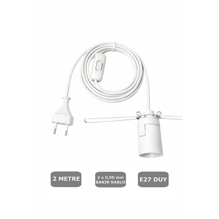 E27 Duylu 2 Metre Arapuarlı (Aç Kapat Anahtar) Yaylı Duy (2X0,50) (Beyaz) 65W