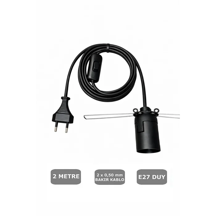 E27 Duylu 2 Metre Arapuarlı (Aç Kapat Anahtar) Yaylı Duy (2X0,50) (Siyah) 65W