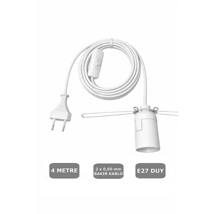 E27 Duylu 4 Metre Arapuarlı (Aç Kapat Anahtar) Yaylı Duy (2X0,50) (Beyaz) 65W