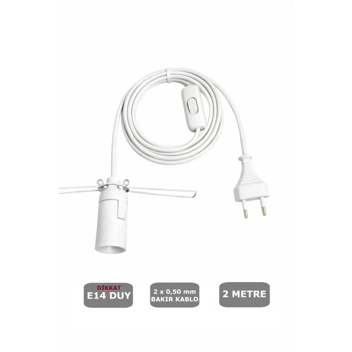 E14 Duylu 2 Metre Arapuarlı, Tuz Lambası Duyu Yaylı (2X0,50) (Beyaz) 65W