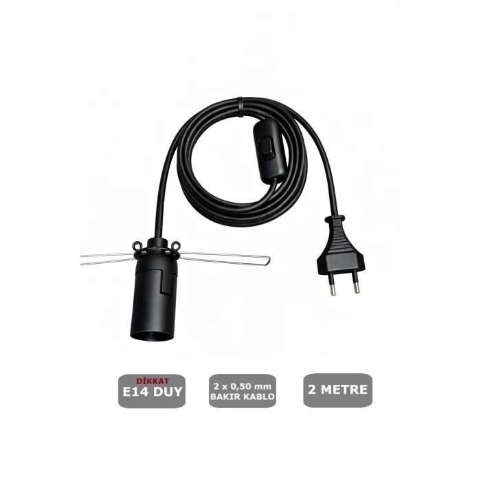 E14 Duylu 2 Metre Arapuarlı, Tuz Lambası Duyu Yaylı (2X0,50) (Siyah) 65W