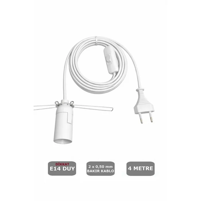 E14 Duylu 4 Metre Arapuarlı, Tuz Lambası Duyu Yaylı (2X0,50) (Beyaz) 65W