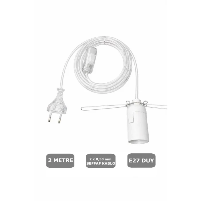Şeffaf Kablolu E27 Yaylı Beyaz Duylu, 2 Metre Arapuarlı (2X0,50) 65W
