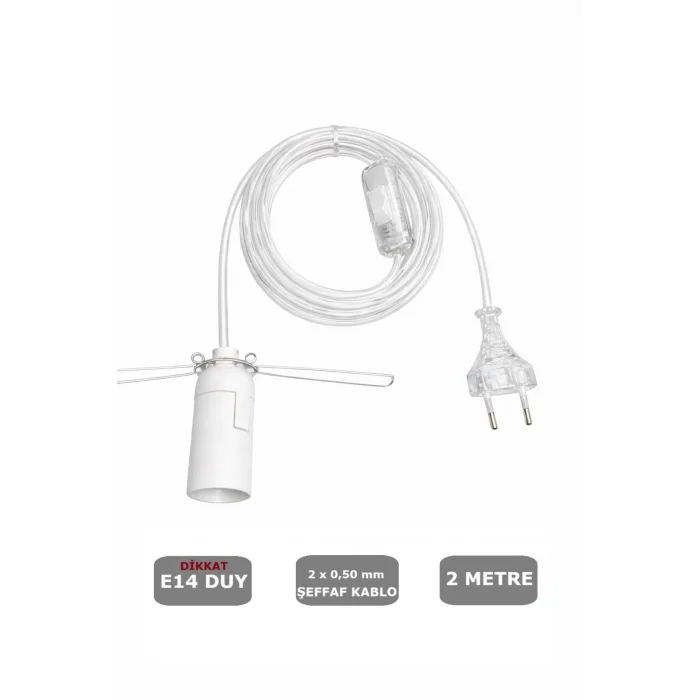 Şeffaf Kablolu E14 Yaylı Beyaz Duylu, Tuz Lambası Duyu 2 Metre Arapuarlı (2X0,50) 65W