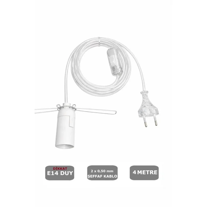 Şeffaf Kablolu E14 Yaylı Beyaz Duylu, Tuz Lambası Duyu 4 Metre Arapuarlı (2X0,50) 65W