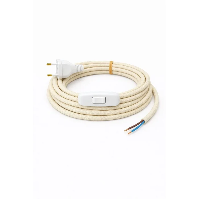 Kumaş Örgü Kablolu, Arapuar Anahtarlı Fiş (2X0,50) Ekru - 2 Metre