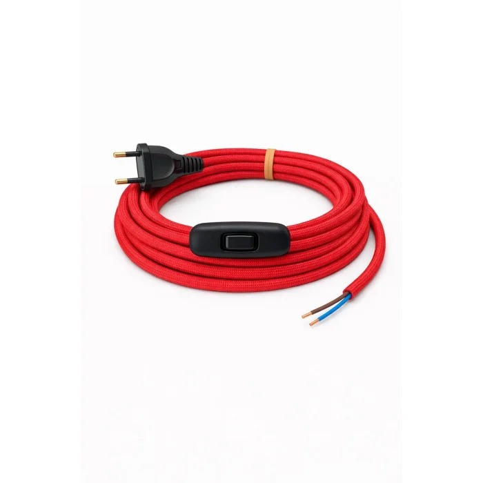 Kumaş Örgü Kablolu, Arapuar Anahtarlı Fiş (2X0,50) Kırmızı - 2 Metre