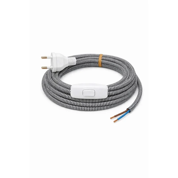 Kumaş Örgü Kablolu, Arapuar Anahtarlı Fiş (2X0,50) Siyah-Beyaz Zigzag - 2 Metre