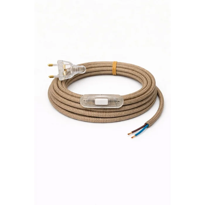 Kumaş Örgü Kablolu, Arapuar Anahtarlı Fiş (2X0,50) Haki-Kahve Zigzag - 2 Metre