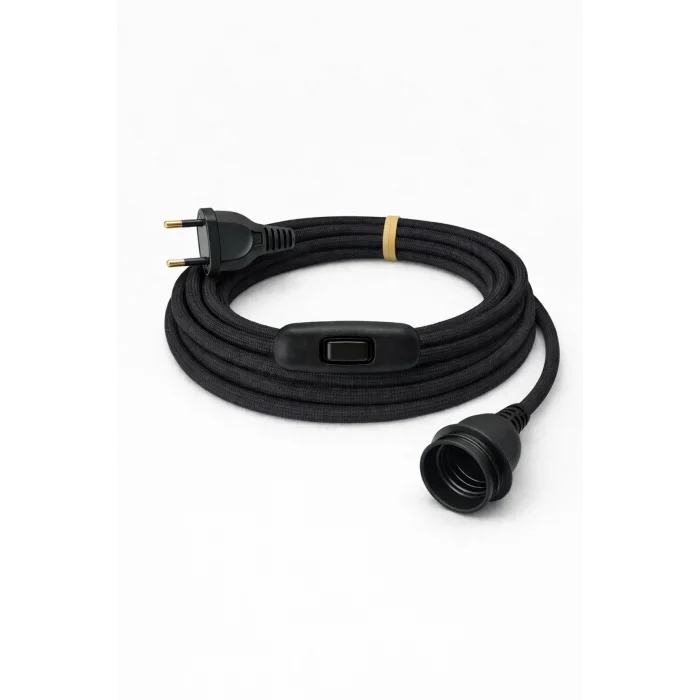 E27 Duy, Kumaş Örgü Kablolu, Arapuar Anahtarlı Fiş (2X0,50) Siyah 2 Metre