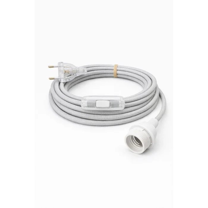 E27 Duy, Kumaş Örgü Kablolu, Arapuar Anahtarlı Fiş (2X0,50) Simli Gümüş 2 Metre