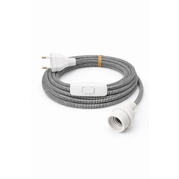 E27 Duy, Kumaş Örgü Kablolu, Arapuar Anahtarlı Fiş (2X0,50) Siyah-Beyaz Zigzag 2 Metre