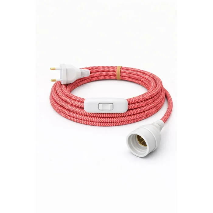 E27 Duy, Kumaş Örgü Kablolu, Arapuar Anahtarlı Fiş (2X0,50) Kırmızı-Beyaz Zigzag 2 Metre