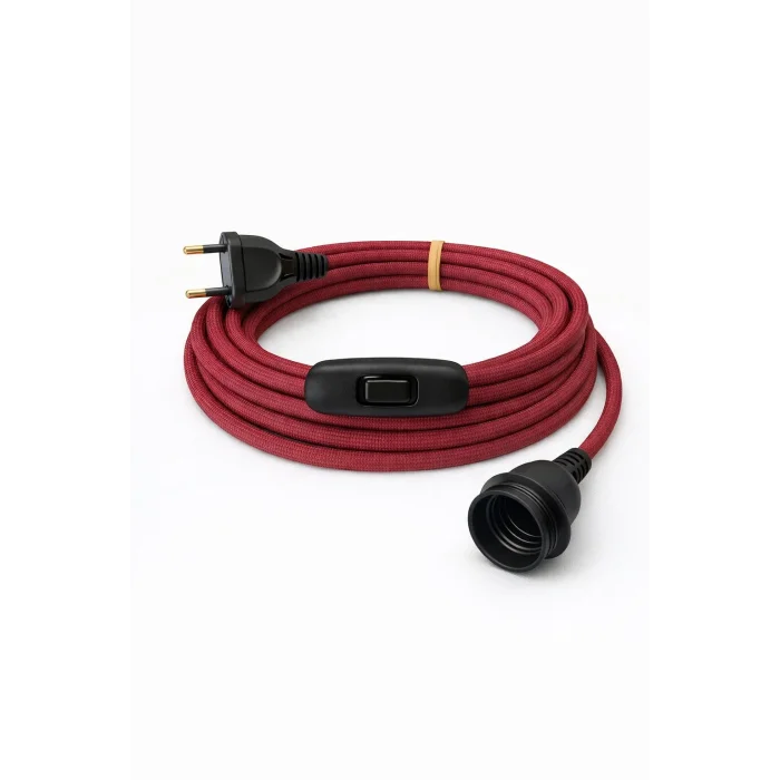 E27 Duy, Kumaş Örgü Kablolu, Arapuar Anahtarlı Fiş (2X0,50) Bordo 2 Metre