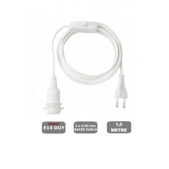 E14 Duylu 1,5 Metre Arapuarlı (AÇ KAPAT ANAHTAR) Fişli Seyyar (2X0,50) (BEYAZ) 65W