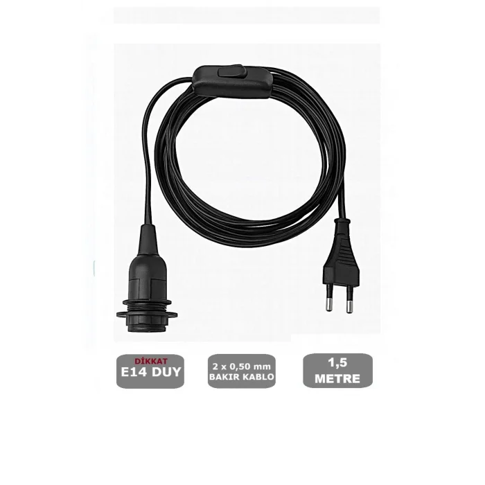 E14 Duylu 1,5 Metre Arapuarlı (AÇ KAPAT ANAHTAR) Fişli Seyyar (2X0,50) (SİYAH) 65W