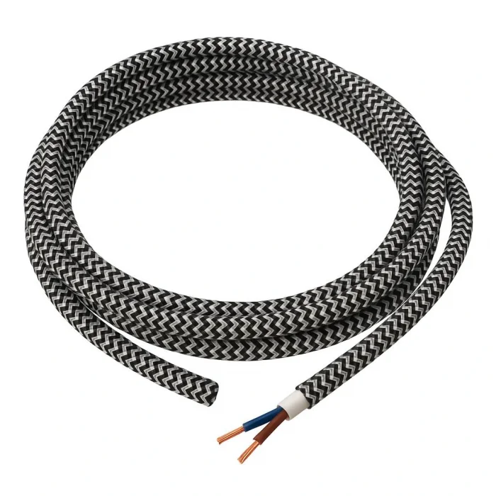 Dekoratif Kumaş Aydınlatma Elektrik Kablosu (2x0,50 TTR) (Siyah Beyaz Zigzag) 1 Metre