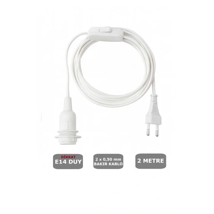 E14 Duylu 2 Metre Arapuarlı (AÇ KAPAT ANAHTAR) Fişli Seyyar (2X0,50) (BEYAZ)