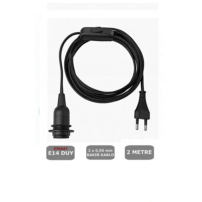 E14 Duylu 2 Metre Arapuarlı (AÇ KAPAT ANAHTAR) Fişli Seyyar (2X0,50) (SİYAH)