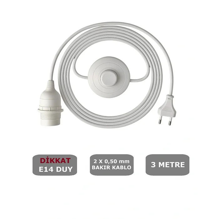 E14 Duylu 3 Metre Yerpuarlı (AÇ KAPAT ANAHTAR) Fişli Seyyar (2X0,50) (BEYAZ)