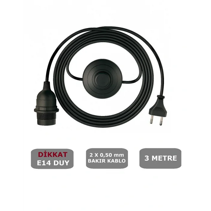 E14 Duylu 3 Metre Yerpuarlı (AÇ KAPAT ANAHTAR) Fişli Seyyar (2X0,50) (SİYAH)