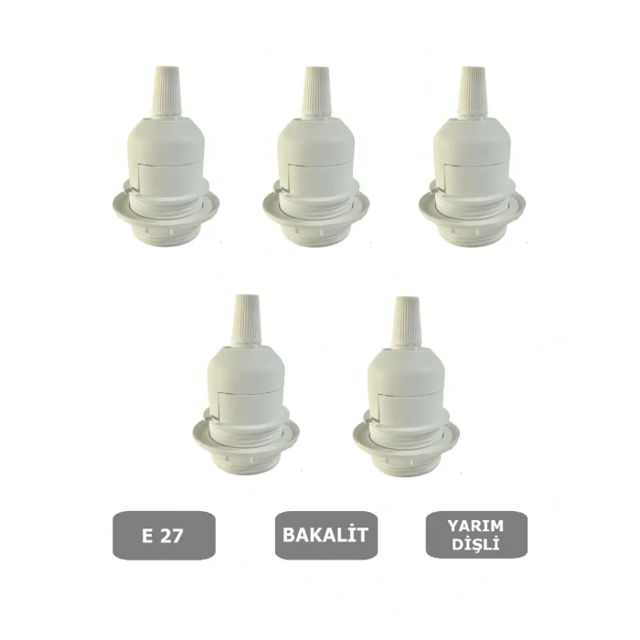 E27 Duy Geçmeli Yarım Diş Avize, Abajur, Lambader Duyu Halkalı - Bakalit Beyaz (250V-4A) 5 Adet