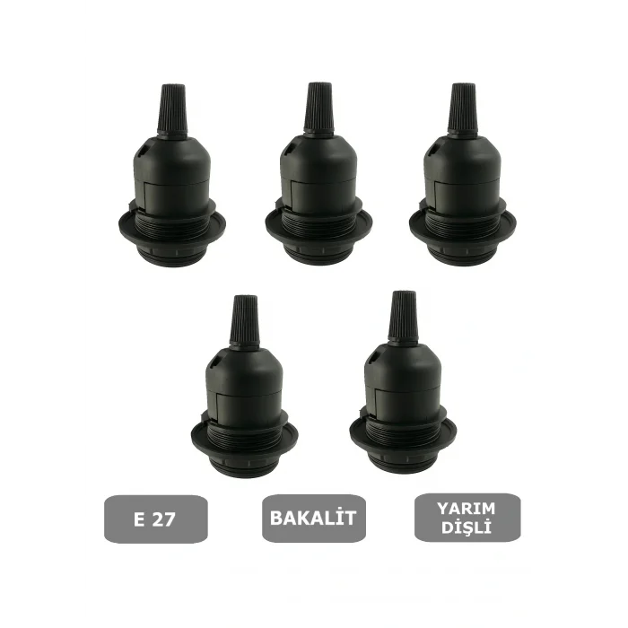 E27 Duy Geçmeli Yarım Diş Avize, Abajur, Lambader Duyu Halkalı - Bakalit Siyah (250V-4A) 5 Adet