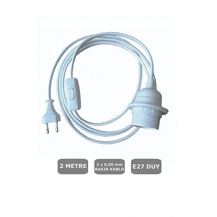 E27 Duylu 2 Metre Arapuarlı (Aç Kapat Anahtar) Fişli Abajur Duyu Seyyar (2X0,50) (Beyaz)
