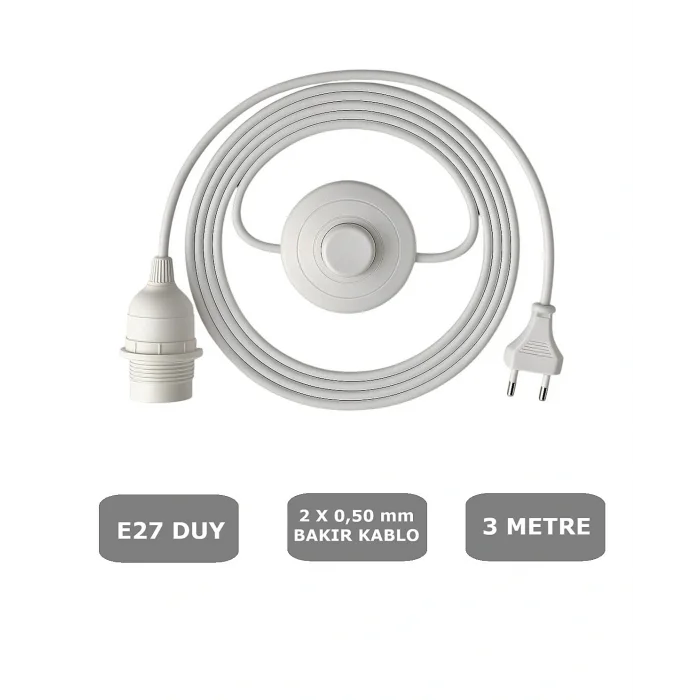E27 Duylu 3 Metre Yerpuarlı (AÇ KAPAT ANAHTAR) Fişli Seyyar (2X0,50) (BEYAZ)