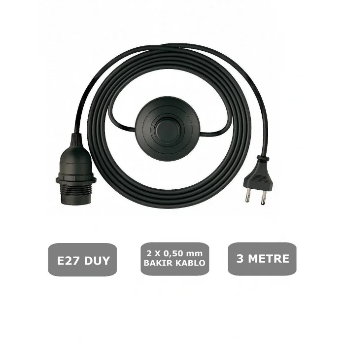 E27 Duylu 3 Metre Yerpuarlı (AÇ KAPAT ANAHTAR) Fişli Seyyar (2X0,50) (SİYAH)