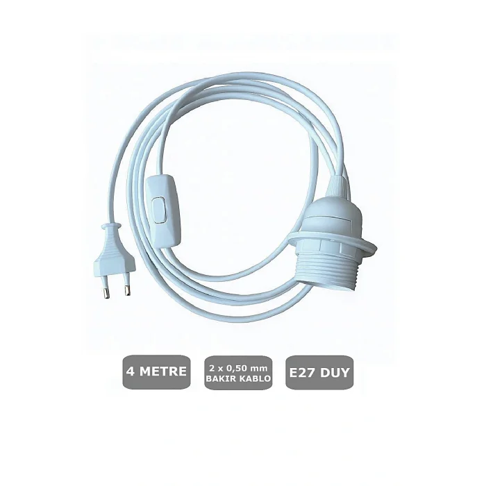 E27 Duylu 4 Metre Arapuarlı (Aç Kapat Anahtar) Fişli Abajur Duyu Seyyar (2X0,50) (Beyaz)