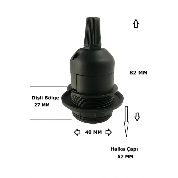 E27 Duylu 4 Metre Arapuarlı (Aç Kapat Anahtar) Fişli Abajur Duyu Seyyar (2X0,50) (Siyah)