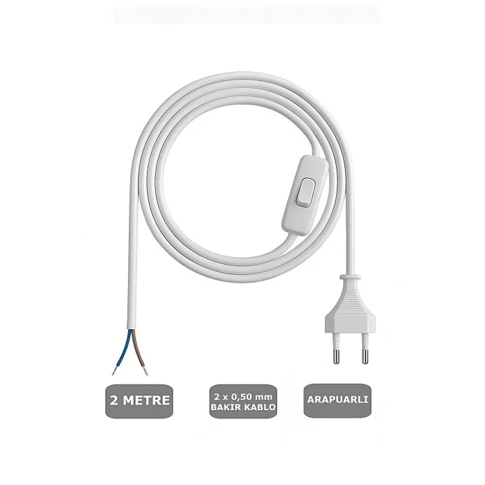 Fişli Arapuarlı Kablo (Yassı)- Anahtarlı (2X0,50) Beyaz - 2 Metre
