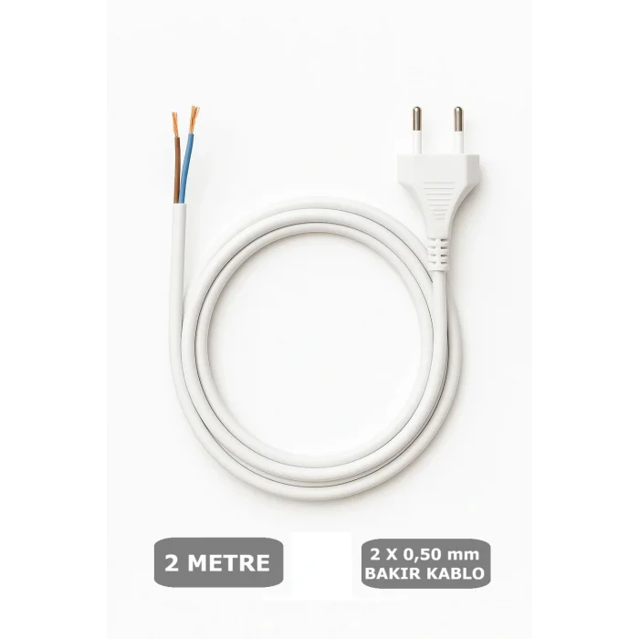 Fişli Kablo 2x0,50 Balık Sırtı Yassı - Beyaz (Tam Bakır) 2 Metre