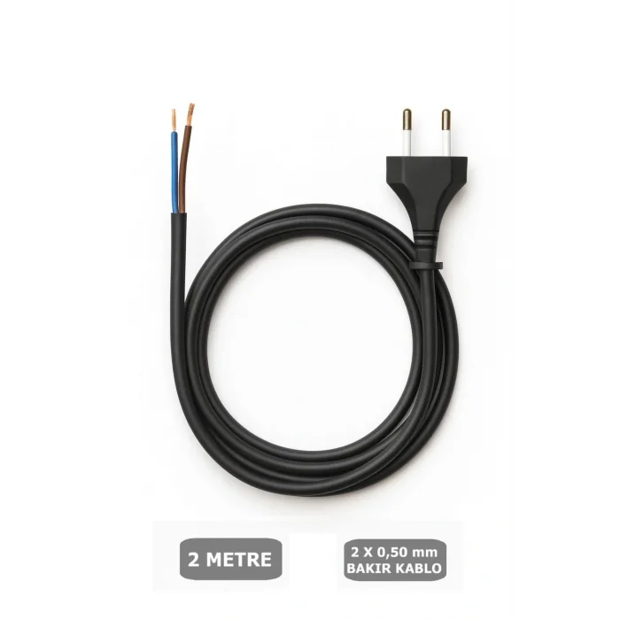 Fişli Kablo 2x0,50 Balık Sırtı Yassı - Siyah (Tam Bakır) 2 Metre