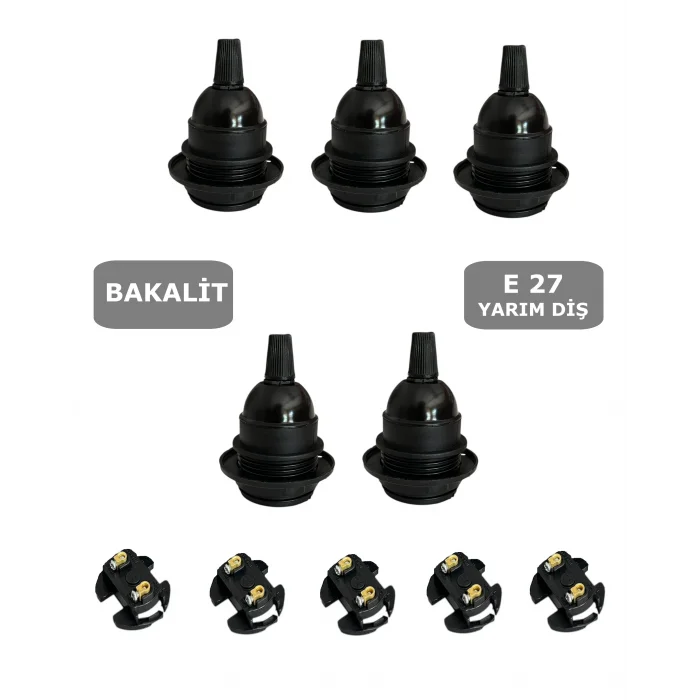 İtalyan E27 Duy Vidalı Yarım Diş Avize, Abajur, Ağaç Feneri Duyu Halkalı (250V-4A)(Bakalit) 5 Adet