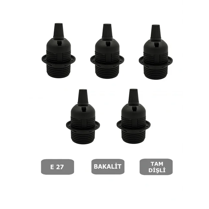İtalyan Tip E27 Tam Dişli Duy Vidasız Geçmeli Bakalit Siyah (250V-4A) 5 Adet