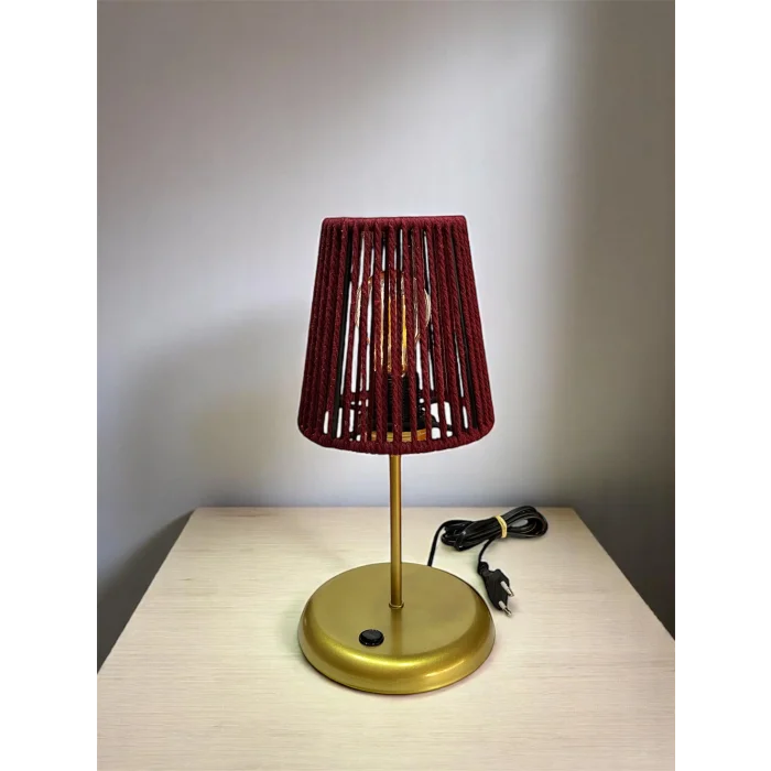 Lyris - Makrome Abajur, Mini Masa Lambası (Bordo Başlık, Gold Ayak)