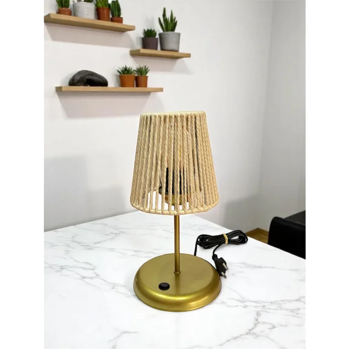 Lyris - Makrome Abajur, Mini Masa Lambası (Ekru Başlık, Gold Ayak)