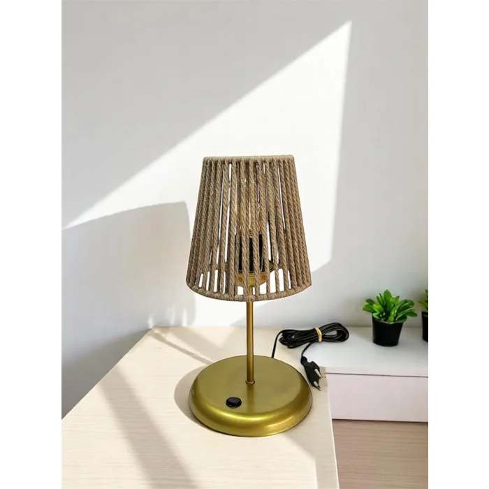 Lyris - Makrome Abajur, Mini Masa Lambası (Koyu Bej Başlık, Gold Ayak)