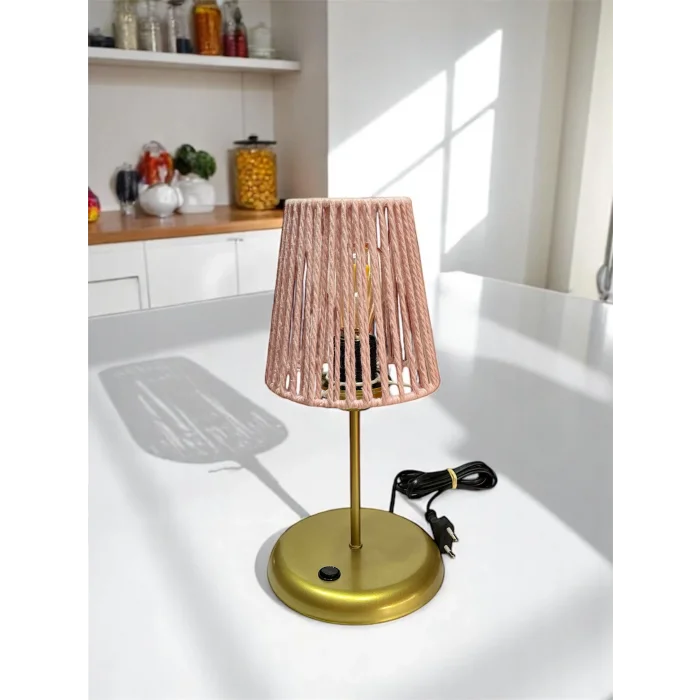 Lyris - Makrome Abajur, Mini Masa Lambası (Pudra Başlık, Gold Ayak)