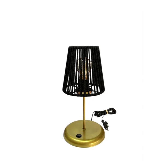 Lyris - Makrome Abajur, Mini Masa Lambası (Siyah Başlık, Gold Ayak)