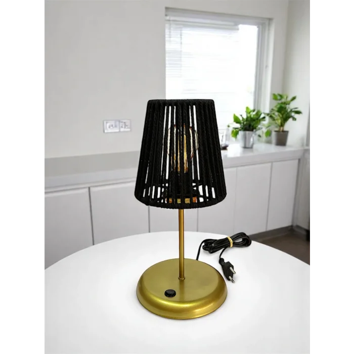 Lyris - Makrome Abajur, Mini Masa Lambası (Siyah Başlık, Gold Ayak)