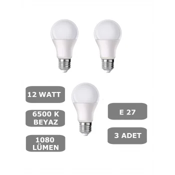 12W E27 Led Ampul 6500K Beyaz Işık (1080 Lümen) (3 Adet)