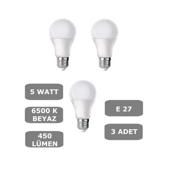 5W E27 Led Ampul 6500K Beyaz Işık (450 Lümen) (3 Adet)