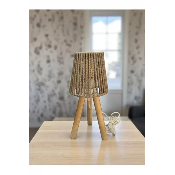 Üç Ayak Mini Ahşap Abajur (Koyu Bej Makrome İp Başlık)