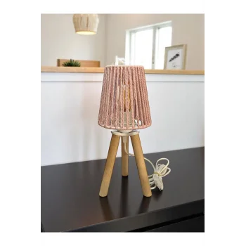 Üç Ayak Mini Ahşap Abajur (Pudra Makrome İp Başlık)