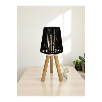 Üç Ayak Mini Ahşap Abajur (Siyah Makrome İp Başlık)
